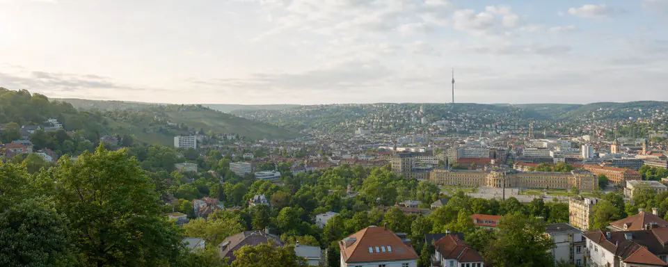 Illustrated panoramic view representing Stuttgart, Germany, in natural weather light