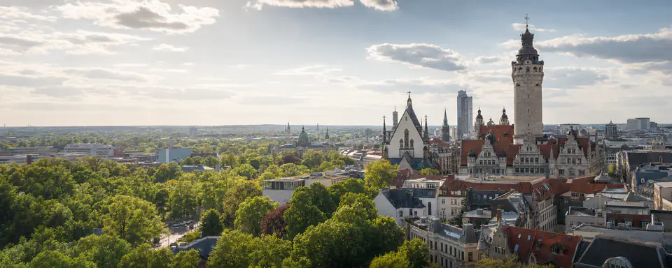 Illustrated panoramic view representing Leipzig, Germany, in natural weather light
