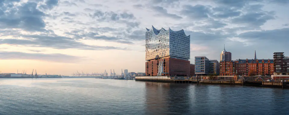 Illustrated panoramic view representing Hamburg, Germany, in natural weather light