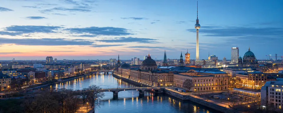 Illustrated panoramic view representing Berlin, Germany, in natural weather light