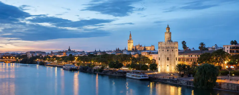 Illustrated panoramic view representing Sevilla, Spain, in natural weather light