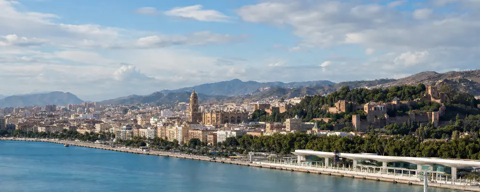 Illustrated panoramic view representing Málaga, Spain, in natural weather light