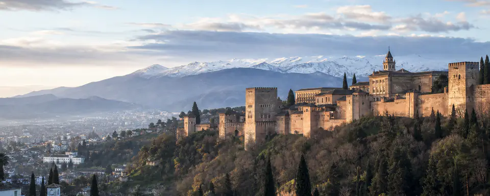 Illustrated panoramic view representing Granada, Spain, in natural weather light