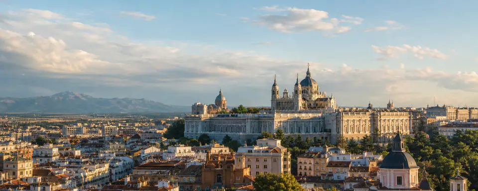 Illustrated panoramic view representing Madrid, Spain, in natural weather light