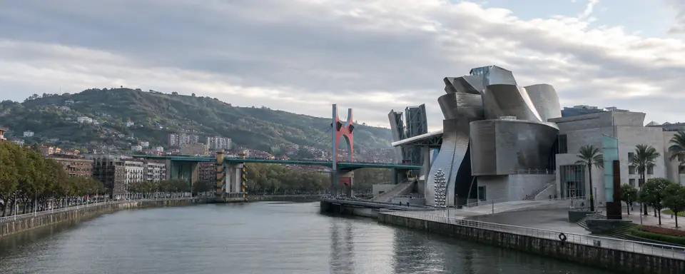 Illustrated panoramic view representing Bilbao, Spain, in natural weather light