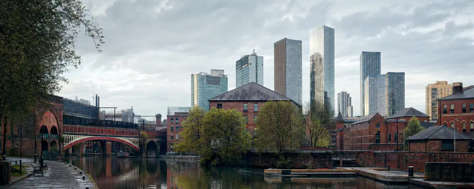Illustrated panoramic view representing Manchester, United Kingdom, in natural weather light