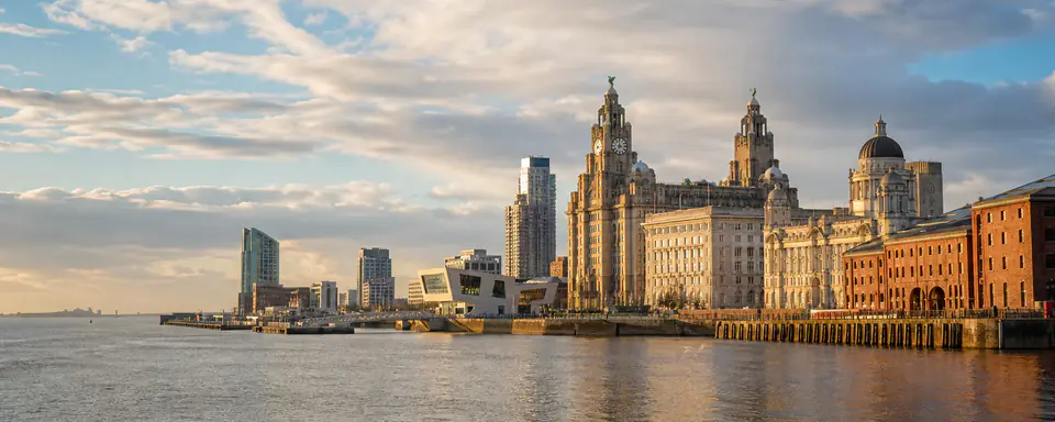 Illustrated panoramic view representing Liverpool, United Kingdom, in natural weather light