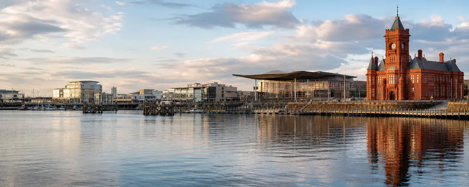 Illustrated panoramic view representing Cardiff, United Kingdom, in natural weather light