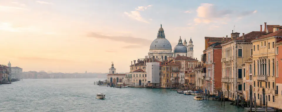 Illustrated panoramic view representing Venice, Italy, in natural weather light