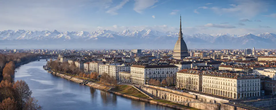 Illustrated panoramic view representing Turin, Italy, in natural weather light