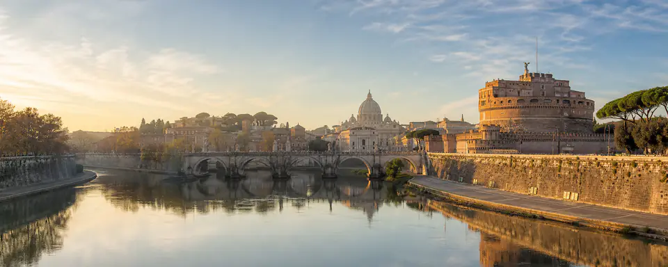 Illustrated panoramic view representing Rome, Italy, in natural weather light