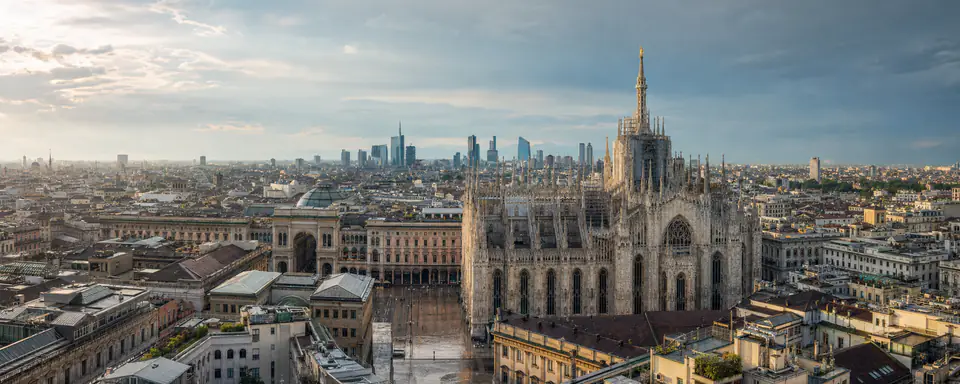 Illustrated panoramic view representing Milan, Italy, in natural weather light