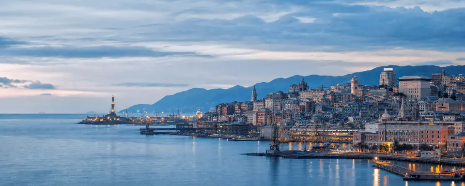 Illustrated panoramic view representing Genoa, Italy, in natural weather light