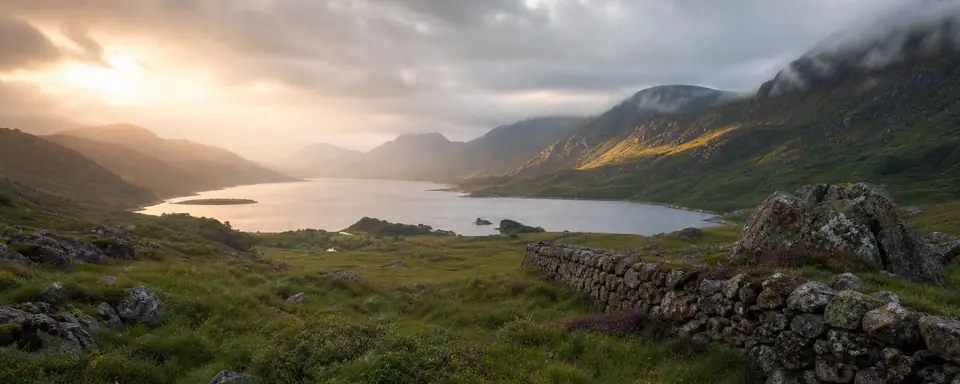 Illustrated British highland landscape with a lake, green mountains, and low clouds
